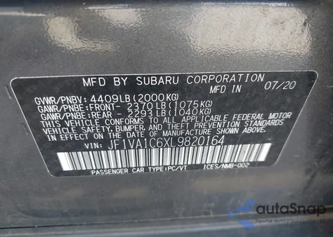 2020 Subaru Wrx Premium из США, поврежденный, VIN JF1VA1C6XL9820164